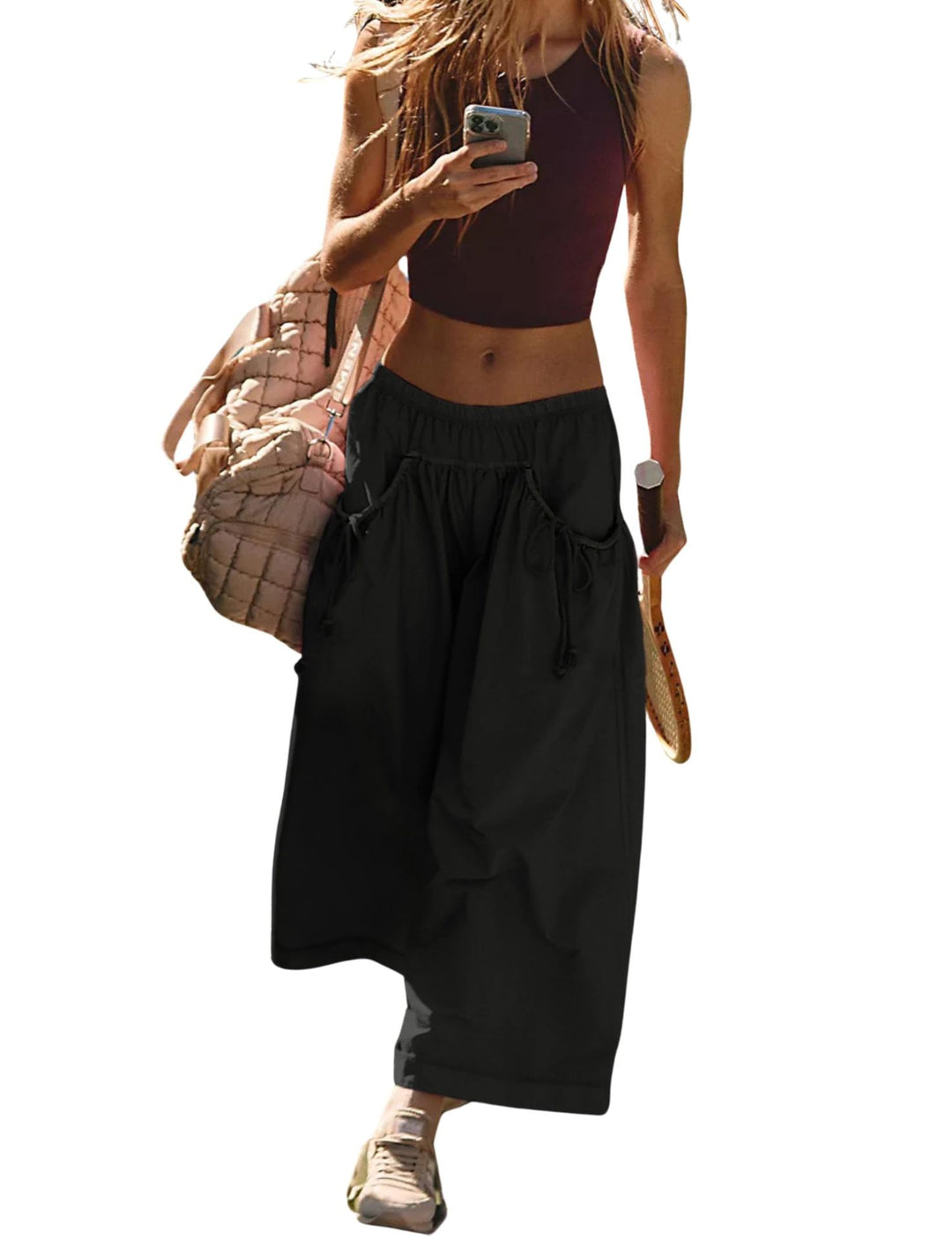Gray Elastic Waist Drawstring Pocket Wide Leg Cropped Culotte Pants