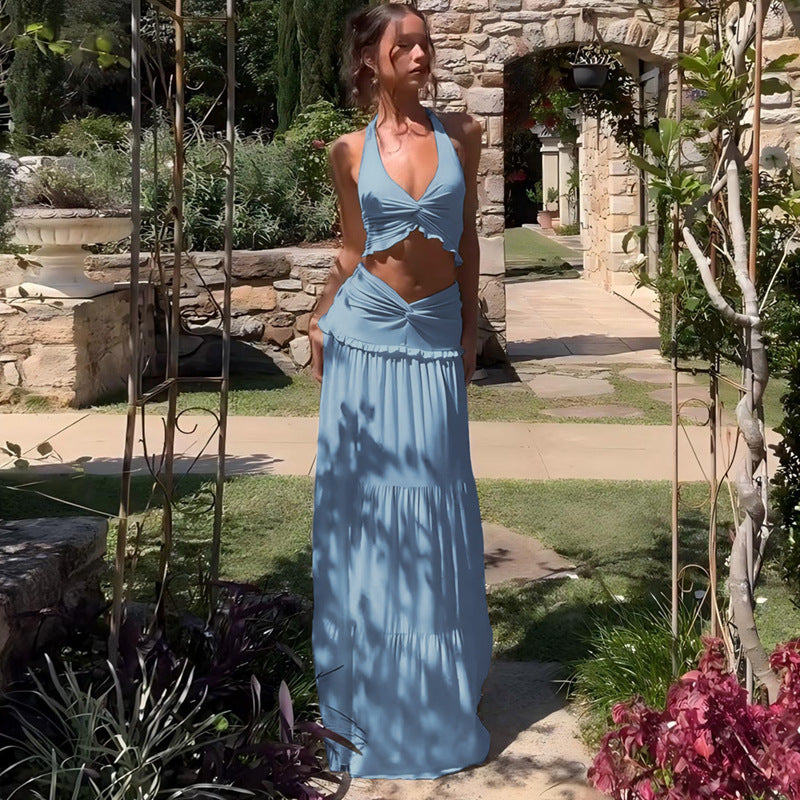 Halter Crop Top &amp;amp; Tiered Maxi Skirt Two-Piece Set