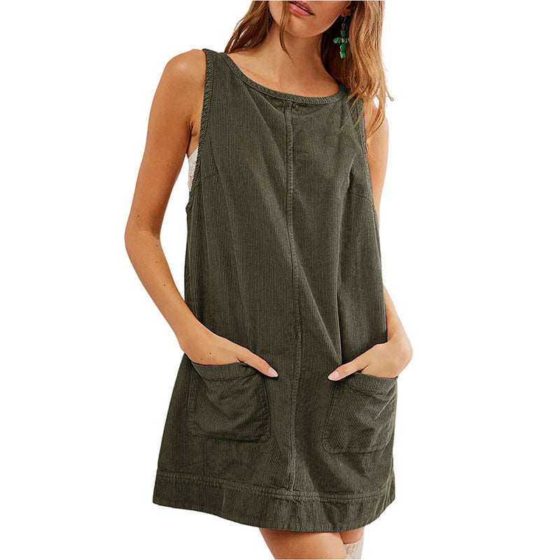 Corduroy Sleeveless Pocket Dress