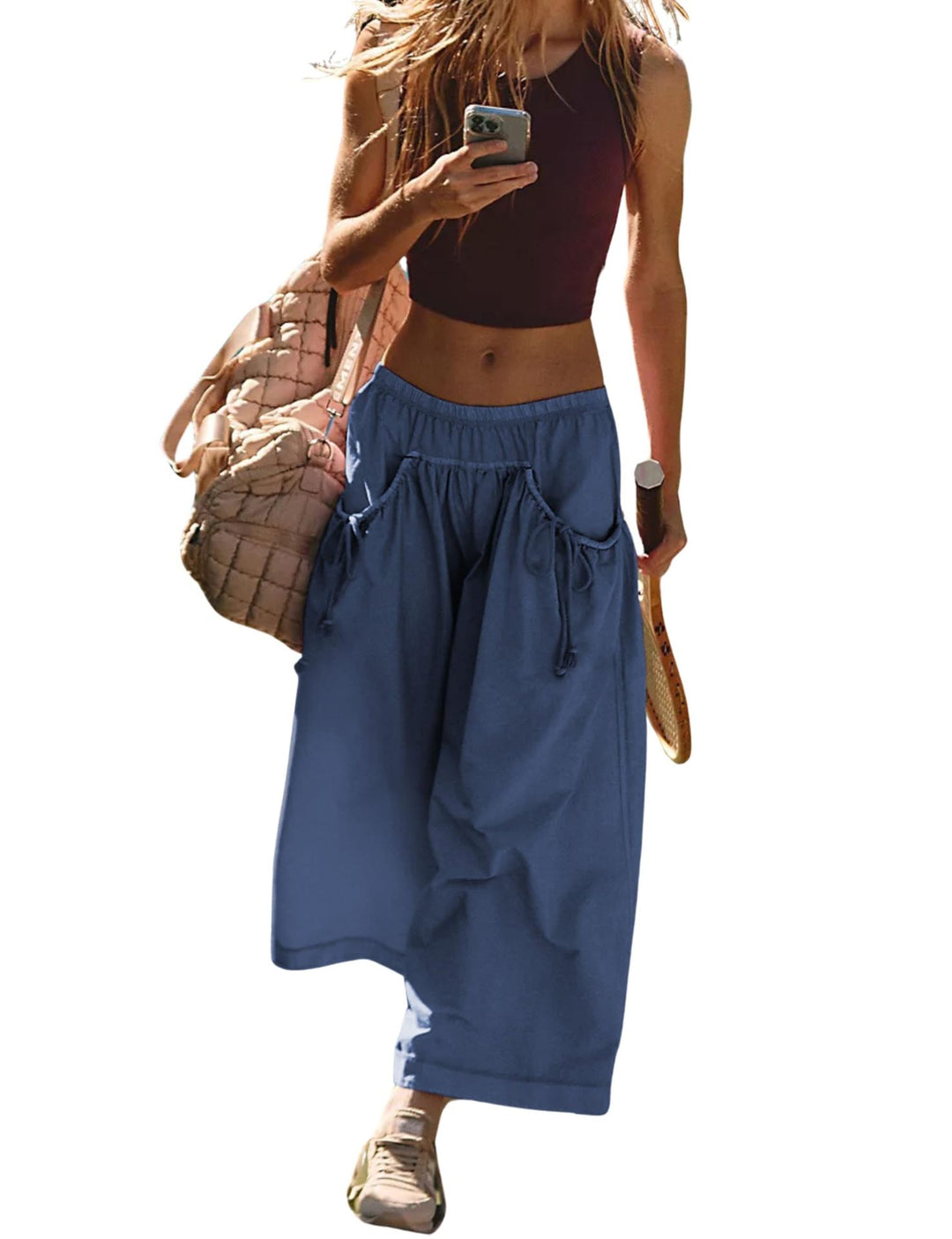 Gray Elastic Waist Drawstring Pocket Wide Leg Cropped Culotte Pants