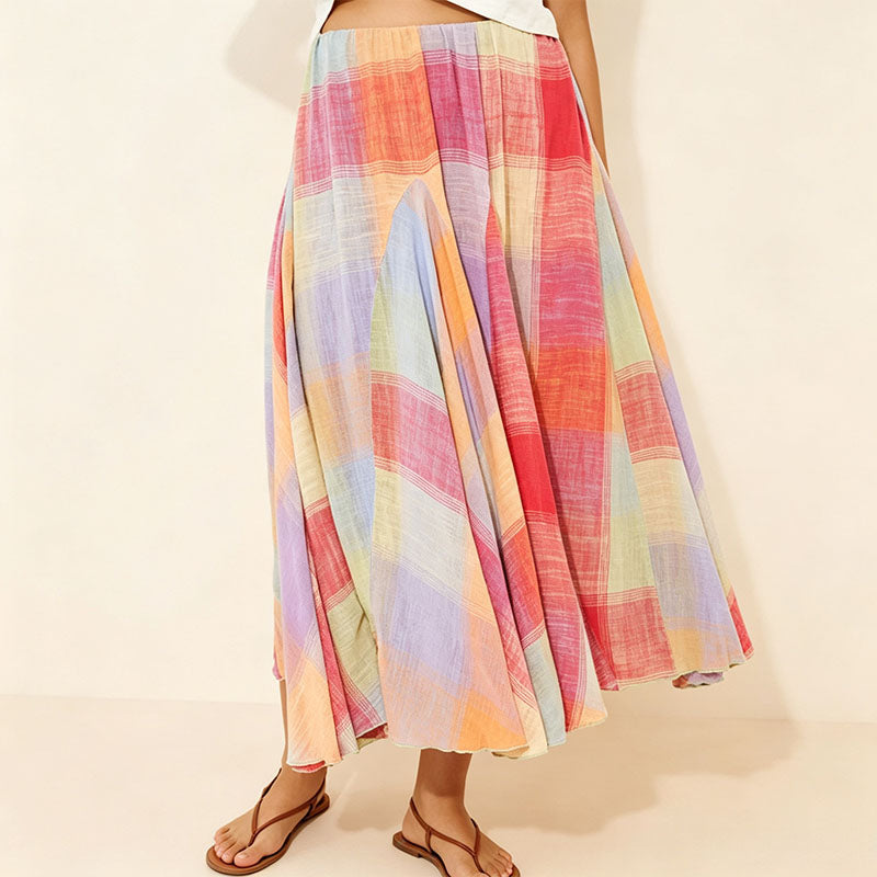Mid-length colorful plaid skirt