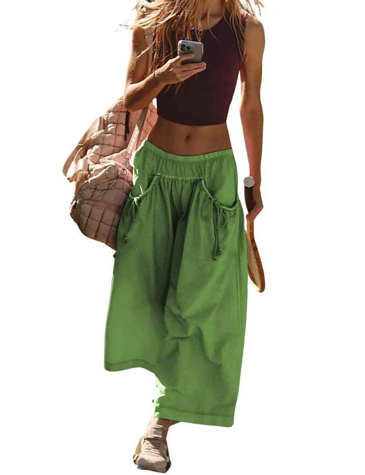 Gray Elastic Waist Drawstring Pocket Wide Leg Cropped Culotte Pants