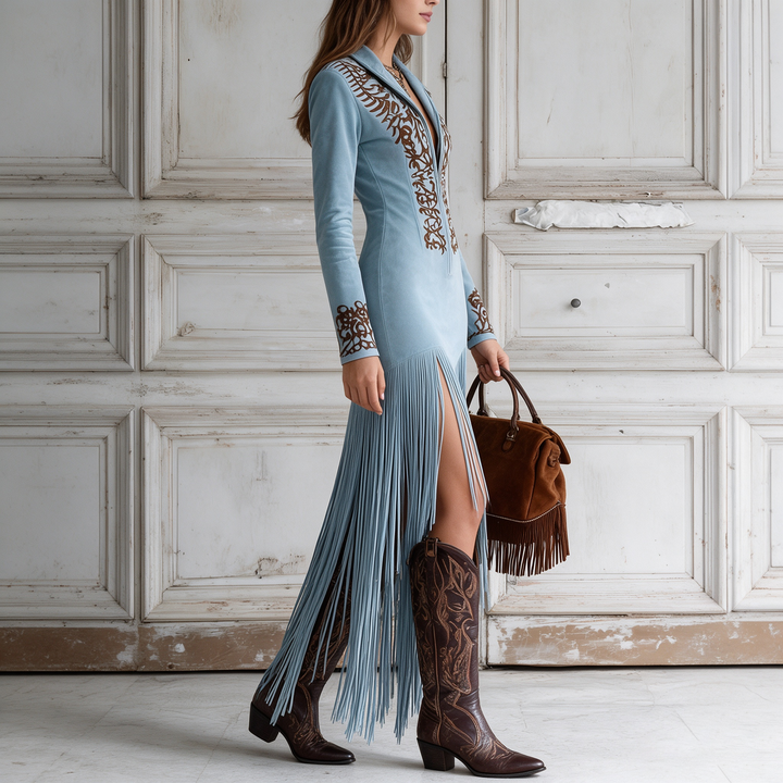 High Slit Western Fringe Embroidered Dress