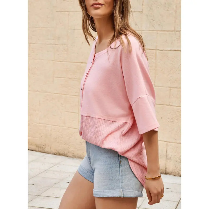 Olive Waffle Knit Henley Short Sleeve Top