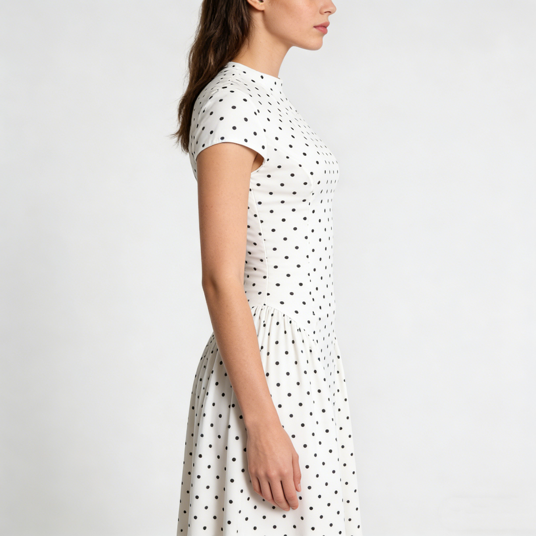 White Polka Dot Cap Sleeve Fit-and-Flare Midi Dress