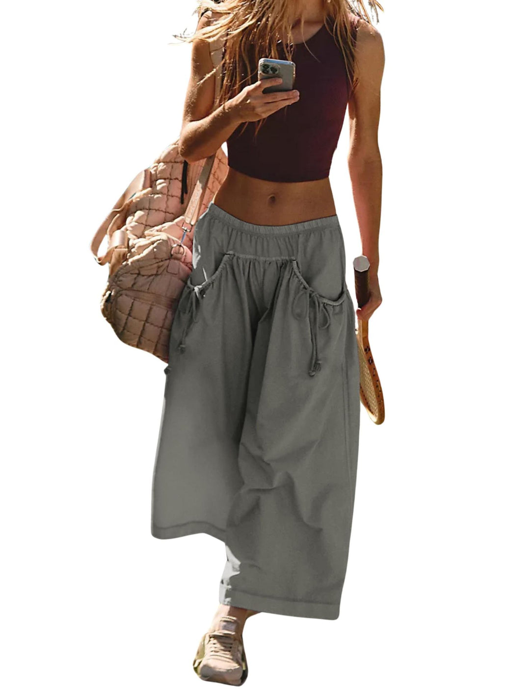 Gray Elastic Waist Drawstring Pocket Wide Leg Cropped Culotte Pants