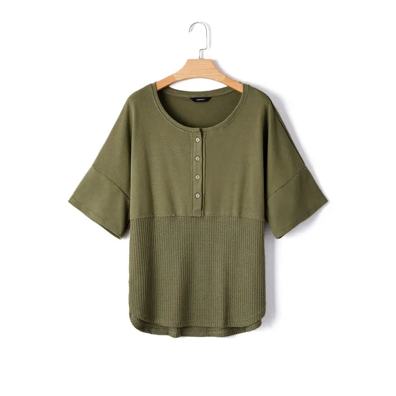 Olive Waffle Knit Henley Short Sleeve Top