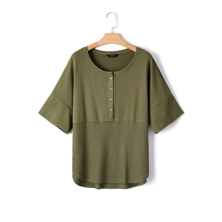 Olive Waffle Knit Henley Short Sleeve Top