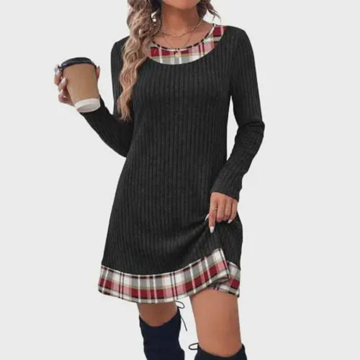 Plaid patchwork ribbed long-sleeved dress