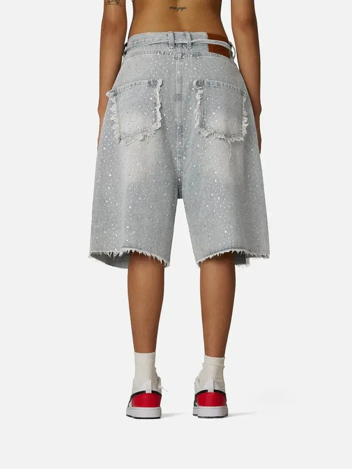 Rhinestone Denim Jorts, Oversized Baggy Bermuda Shorts with Raw Hem