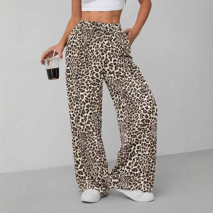 Leopard Print High-Waisted Wide Leg Pants, Elastic Waist Drawstring Trousers