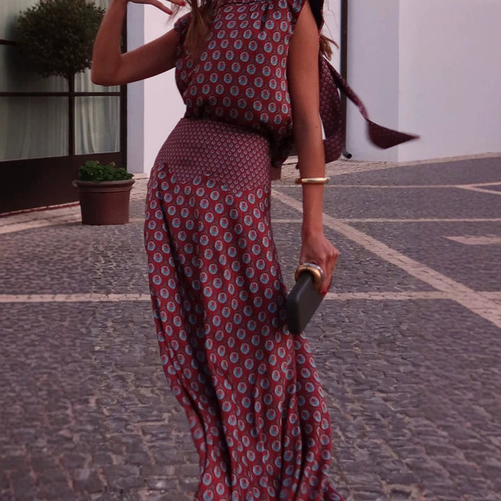 Retro Print Scarf Neck Top &amp;amp; Flowing Maxi Skirt Two-Piece Set