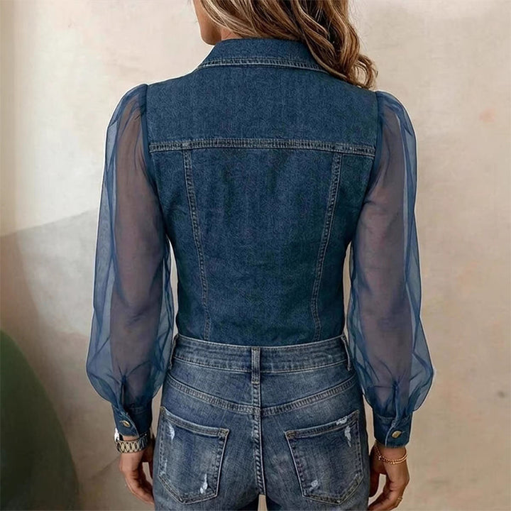 V-neck printed denim-style long-sleeved top