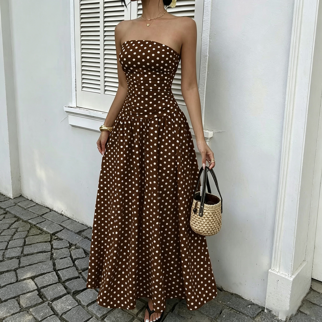 Retro Polka Dot Strapless Ruched Flowy Long Dress