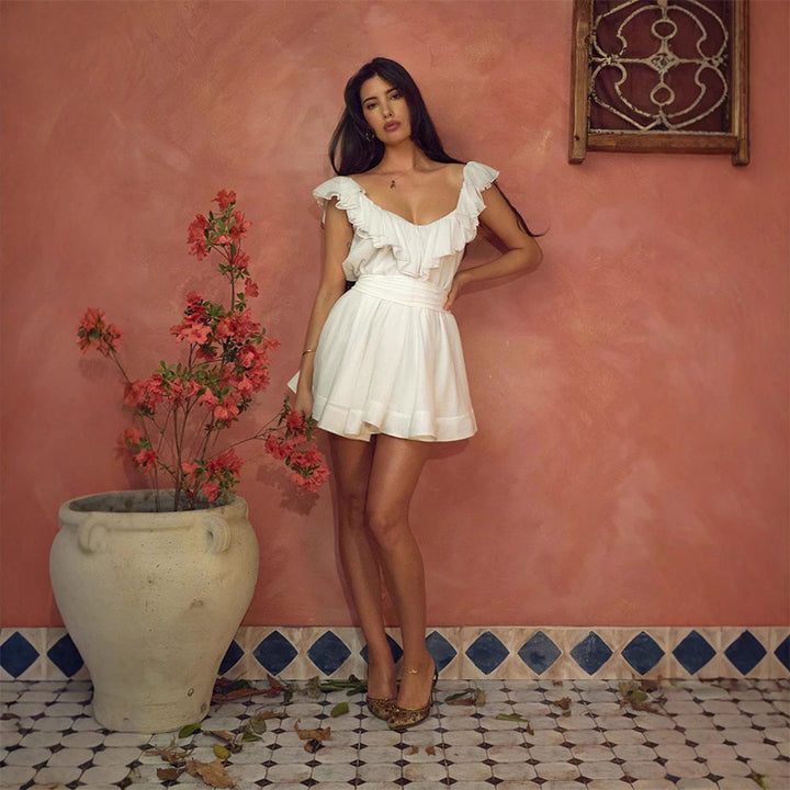 V-neck solid color cotton lace dress