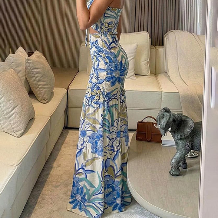 Strapless multi-colored printed pleated maxi dress