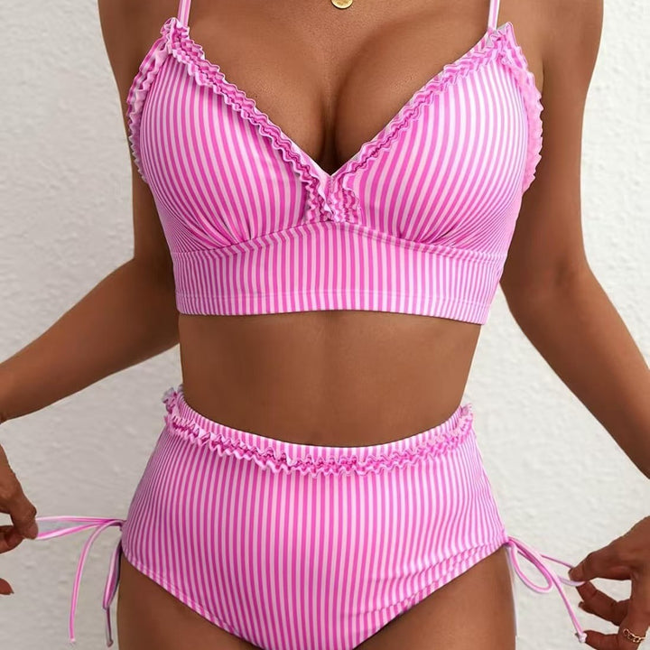 Striped Ruffle High-Waisted Bikini Set