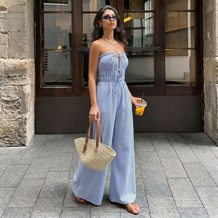 Strapless Keyhole Striped Wide-Leg Jumpsuit