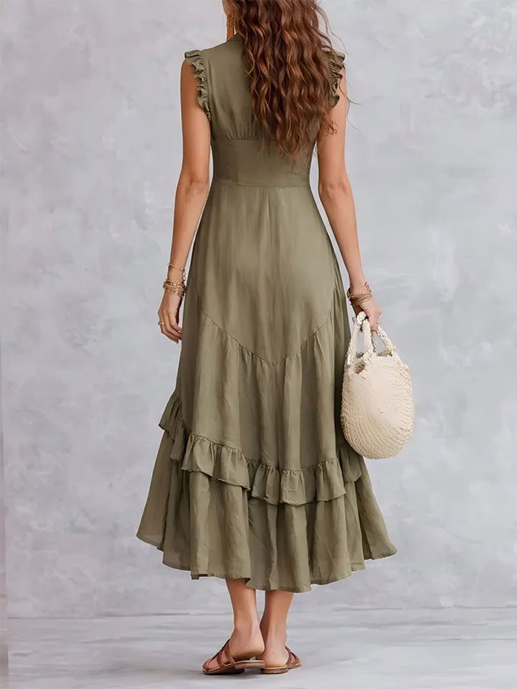 Elegant Ruffled Cotton Linen Sleeveless Dress