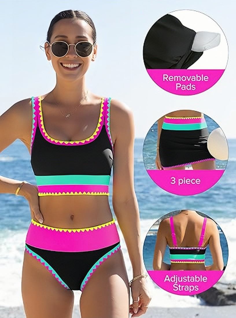 Neon Trim 3-Piece Tankini Swim Set with Skirt