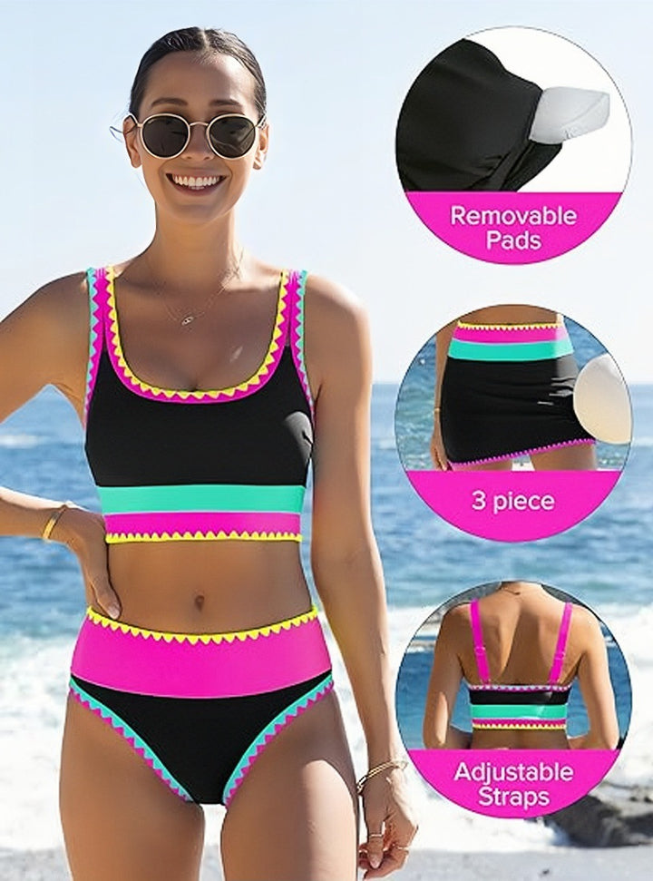 Neon Trim 3-Piece Tankini Swim Set with Skirt