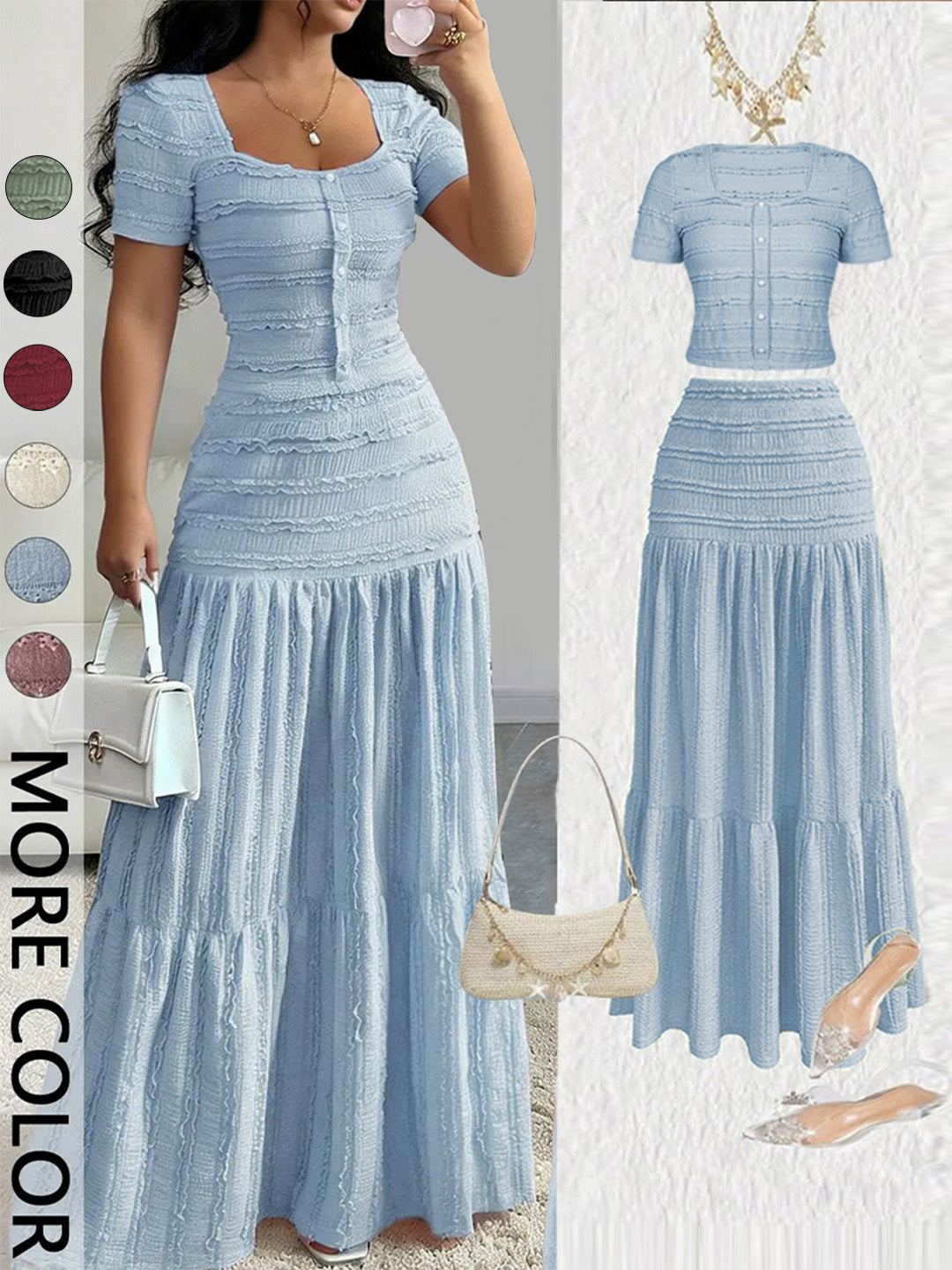 Square Neck Ruffled Textured Crop Top &amp;amp; Tiered Maxi Skirt Two-Piece Set