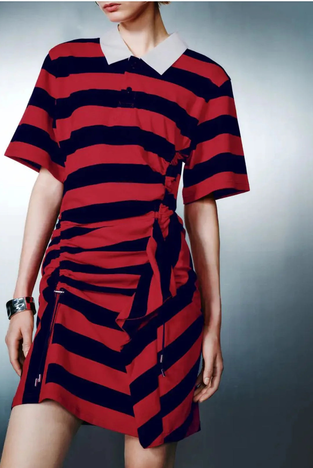 Red Navy Stripe Ruched Polo Mini Dress
