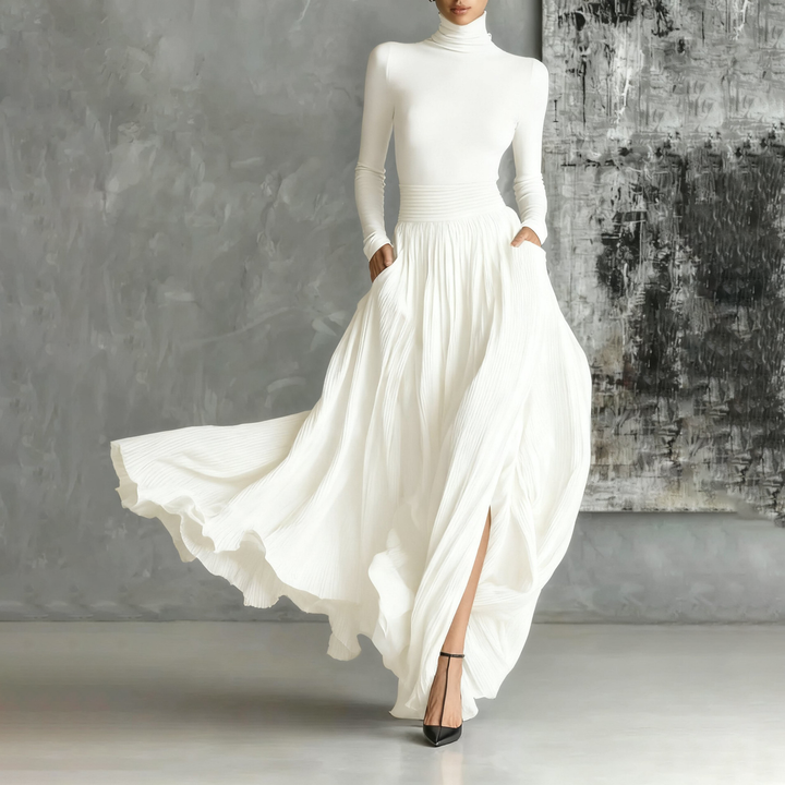 Turtleneck Top &amp; Pleated Maxi Skirt Set