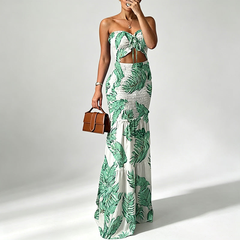 Strapless multi-colored printed pleated maxi dress