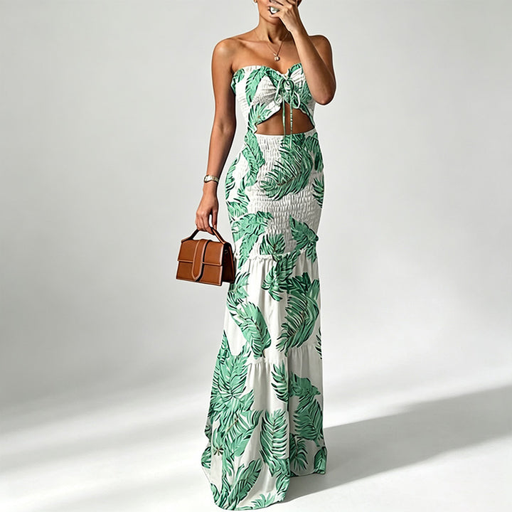 Strapless multi-colored printed pleated maxi dress