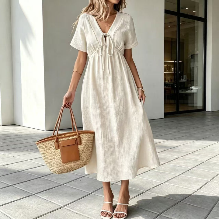 Crinkle Gauze V-Neck Midi Dress with Tie Detail, Short Sleeve Flowy Dress for Women