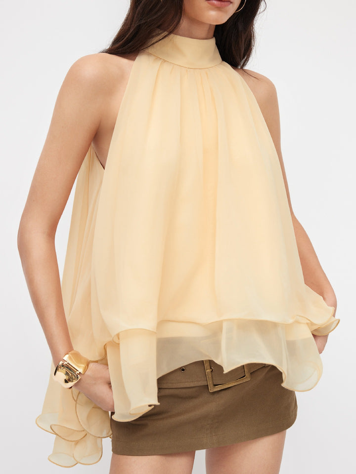 Multi-Color Halter Neck Flowy Chiffon Top with Bow Detail, Sleeveless Ruffled Blouse for Women