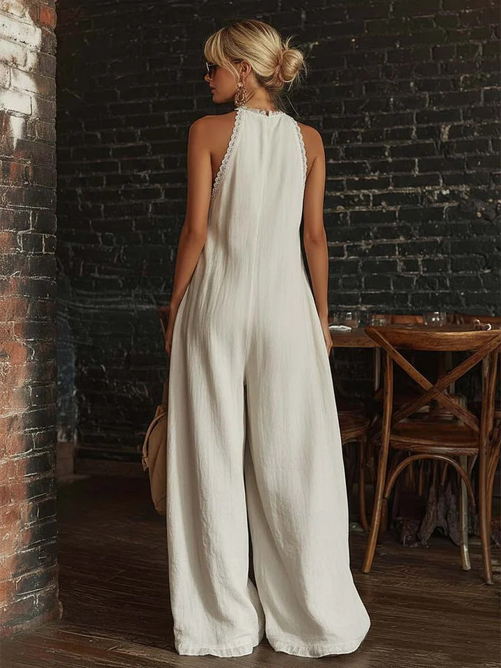 White Lace Trim Halter Deep V Wide Leg Linen Blend Jumpsuit with Side Pockets