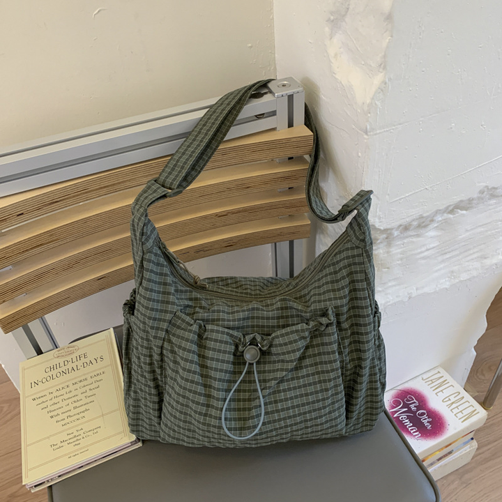 Drawstring Checkered Hobo Shoulder Bag