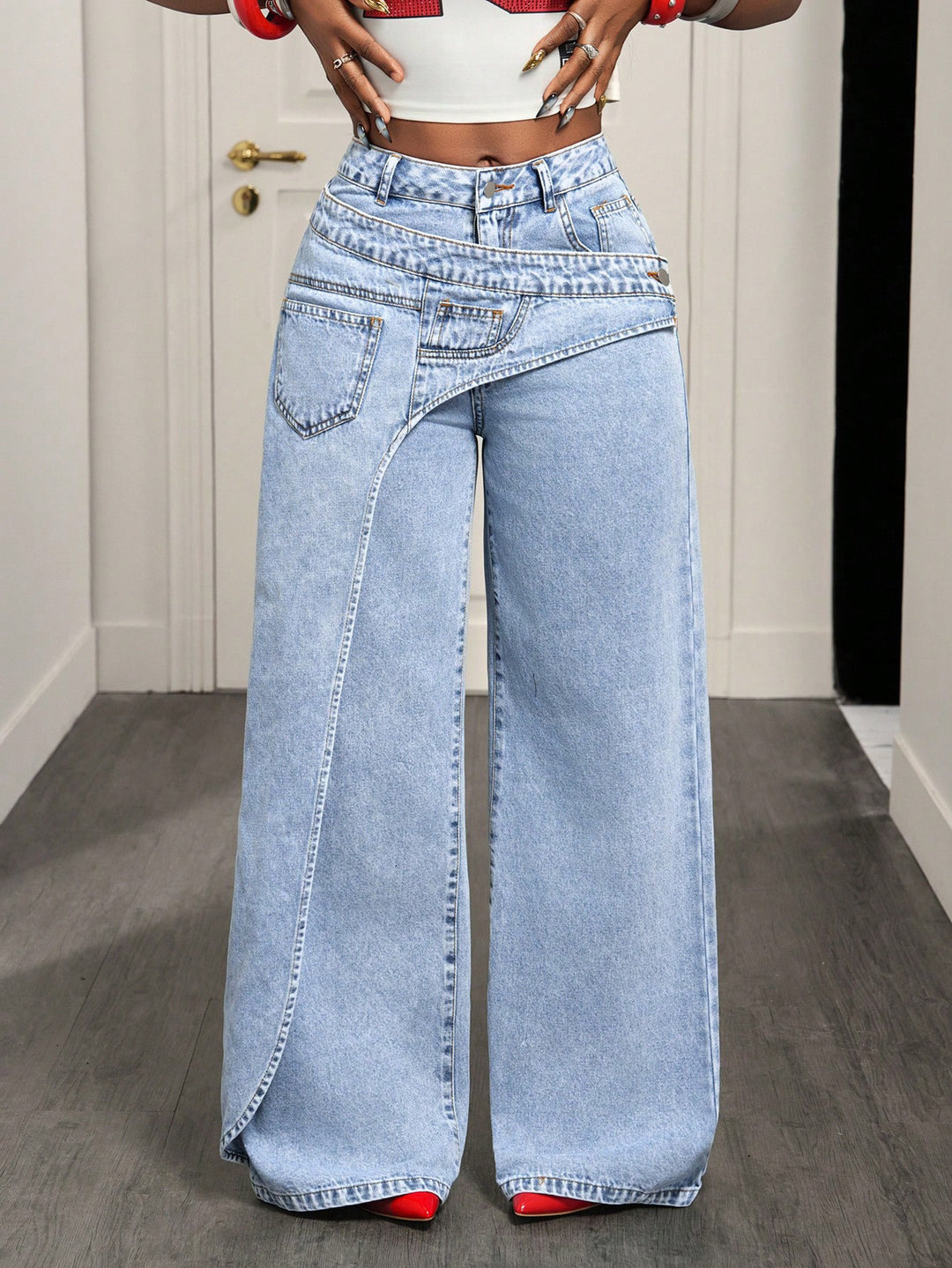 High-Waisted Wrap-Front Wide Leg Jeans