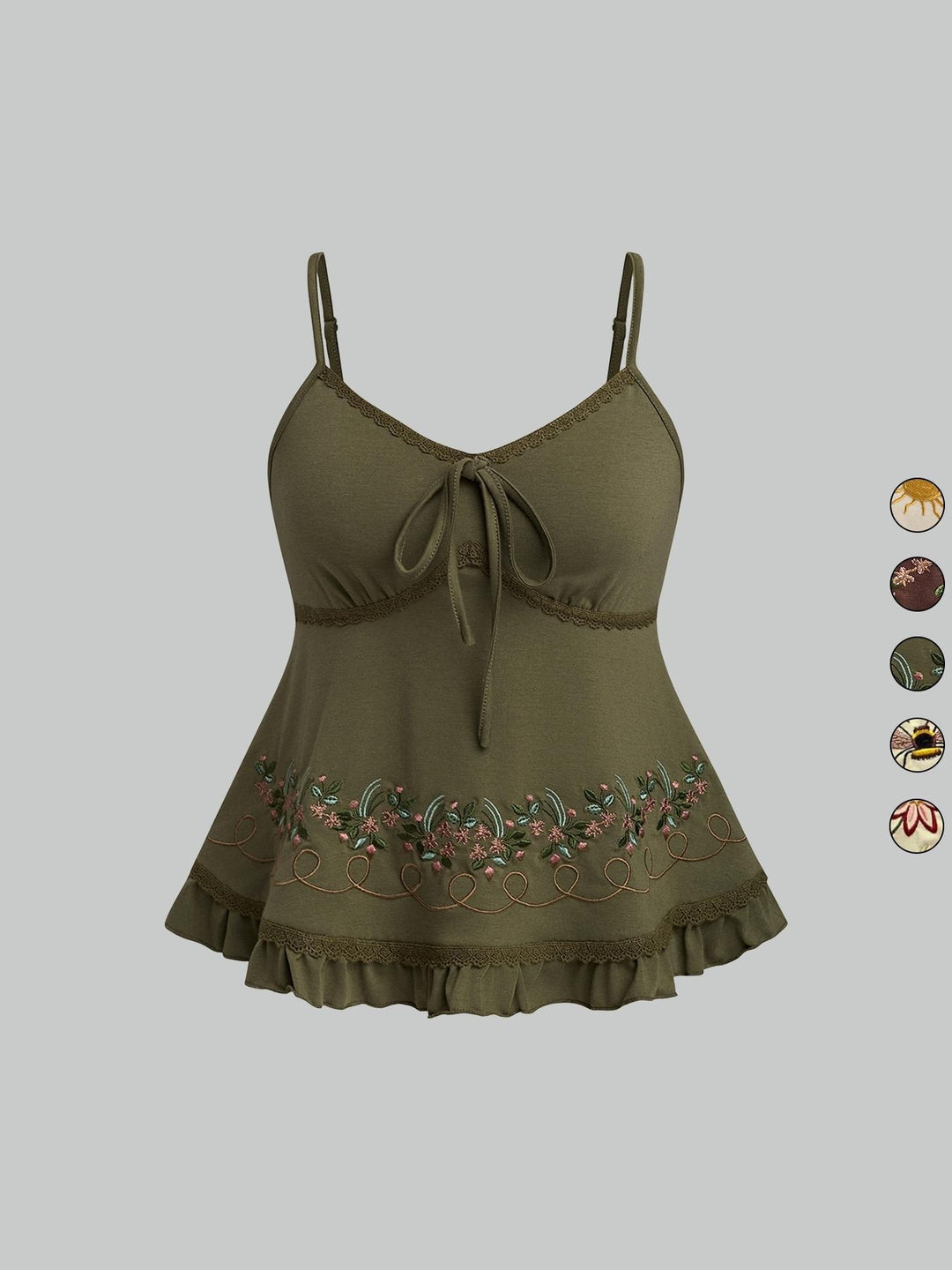 Embroidered Lace Trim Cami Top, Boho Peplum Spaghetti Strap Tank