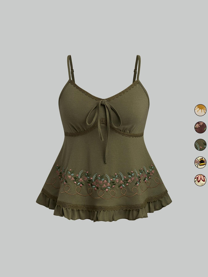 Embroidered Lace Trim Cami Top, Boho Peplum Spaghetti Strap Tank