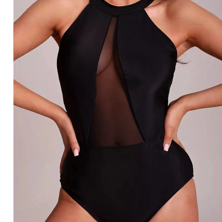 Black Mesh Panel Halter Neck Bodysuit