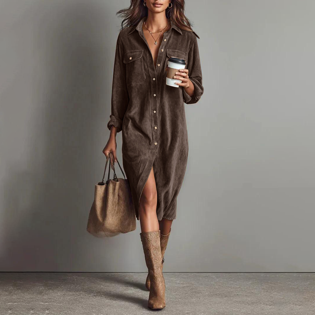 Lapel Pocket Front Slit Shirt Dress