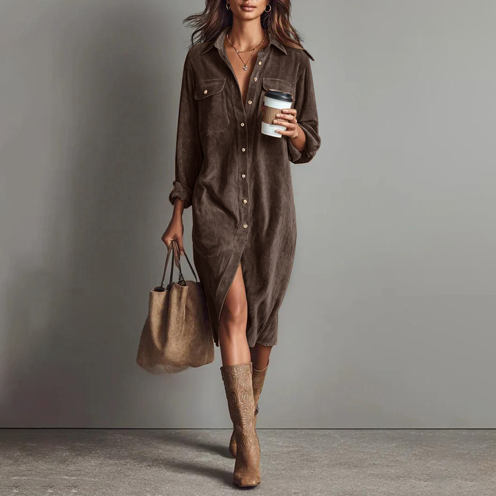 Lapel Pocket Front Slit Shirt Dress