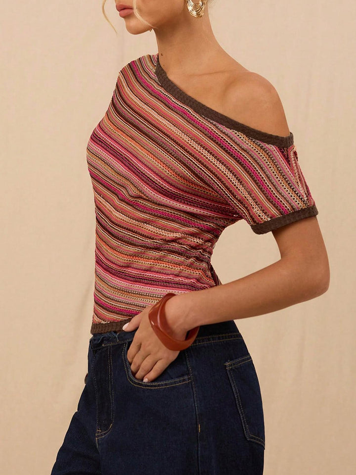 Striped Off-Shoulder Knit Top | Asymmetrical Short Sleeve Fitted Blouse for Women
