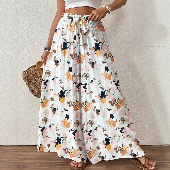 Floral Print Wide Leg Pants, High Waist Drawstring Palazzo Trousers