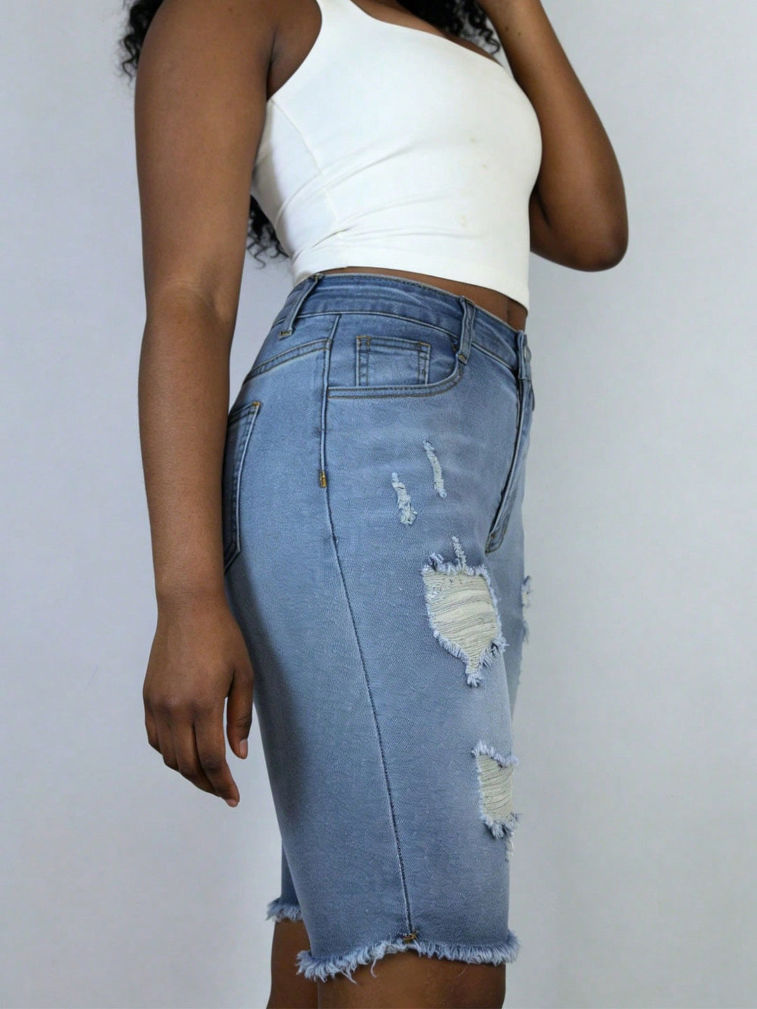High Waist Light Wash Distressed Denim Bermuda Shorts