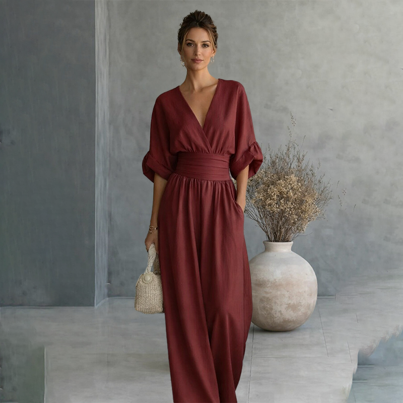 V-neck waist-cinching jumpsuit