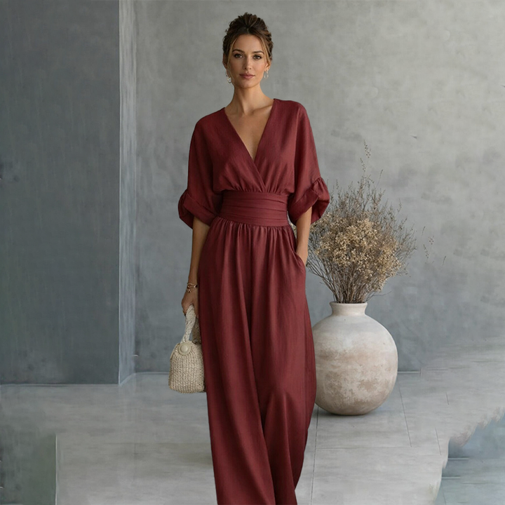 V-neck waist-cinching jumpsuit