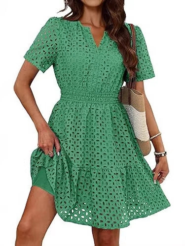 Eyelet Embroidery Short Sleeve Mini Dress, Smocked Waist Casual Summer Dress