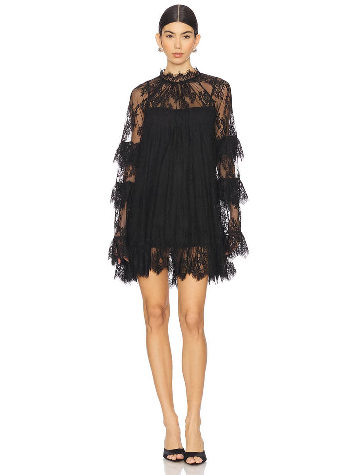 Sheer Lace Mini Dress Cover-Up, Ruffled Bell Sleeve High-Neck Tunic