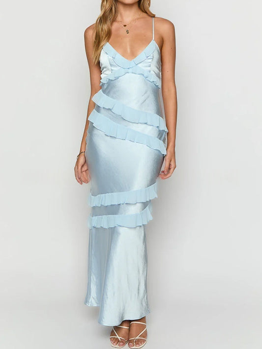 Satin Open Back Maxi Dress | Deep V Ruffle Asymmetrical Slip Evening Gown