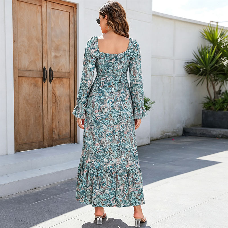 Floral Square Neck Long Sleeve Dress