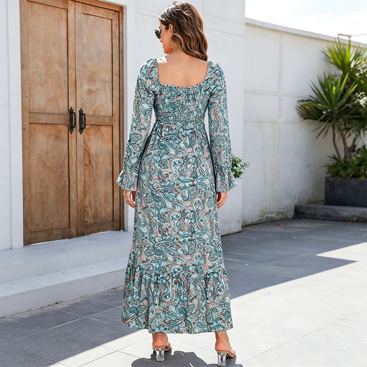 Floral Square Neck Long Sleeve Dress